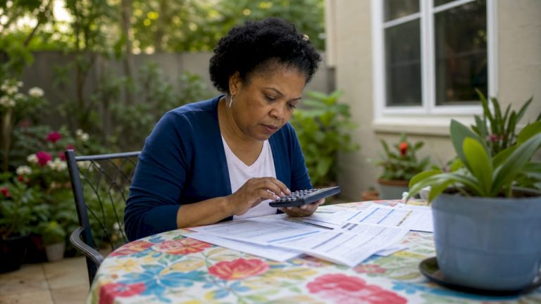 Woman calculating credit card debt at home
