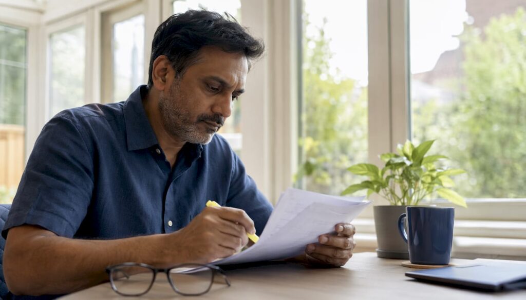 Man reviewing UK legal charge documents at home