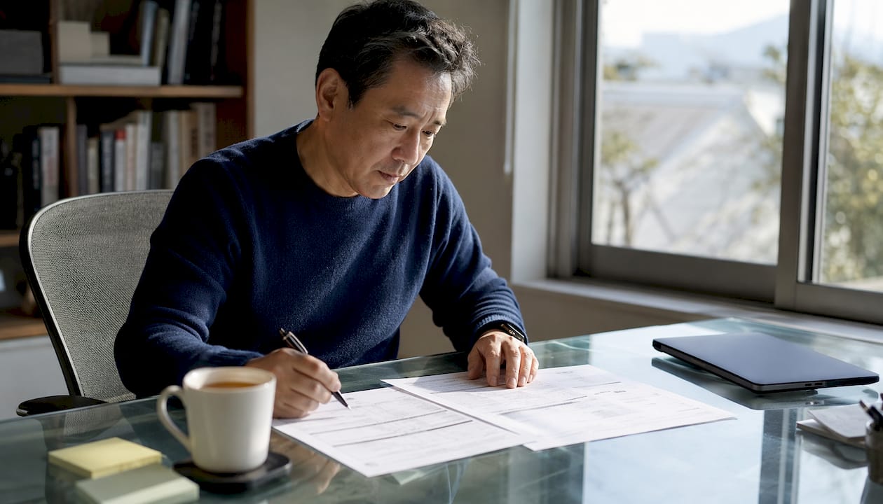 Homebuyer reviewing lender paperwork at table