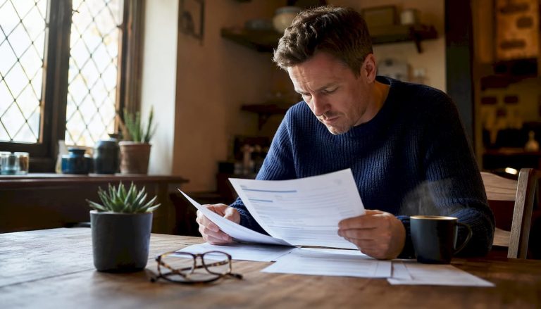 UK homeowner reviewing mortgage documents at kitchen table