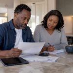 Couple reviewing second charge mortgage papers
