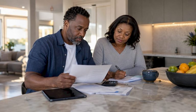 Couple reviewing second charge mortgage papers