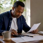 Homeowner calculating secured loan LTV at kitchen table