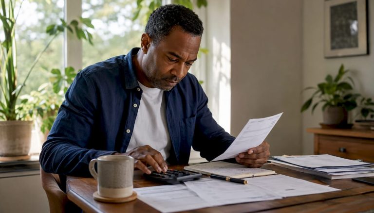 Homeowner calculating secured loan LTV at kitchen table