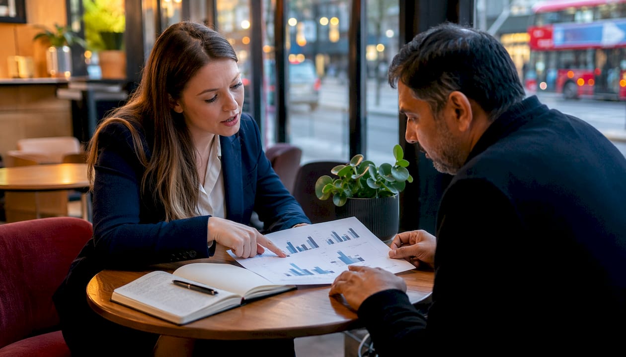 Financial adviser explaining LTV limits to client in office