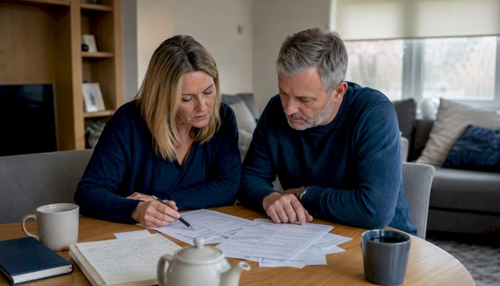 Couple reviewing secured loan paperwork at home