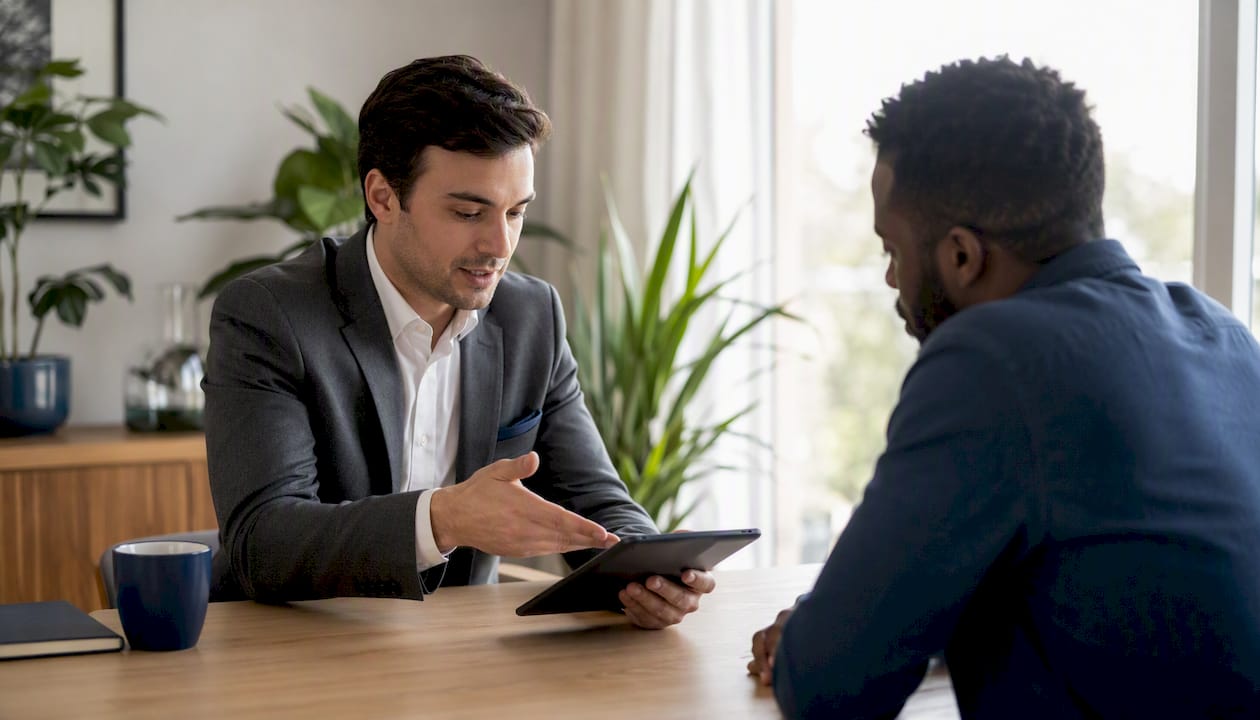 Advisor demonstrating soft credit check on laptop