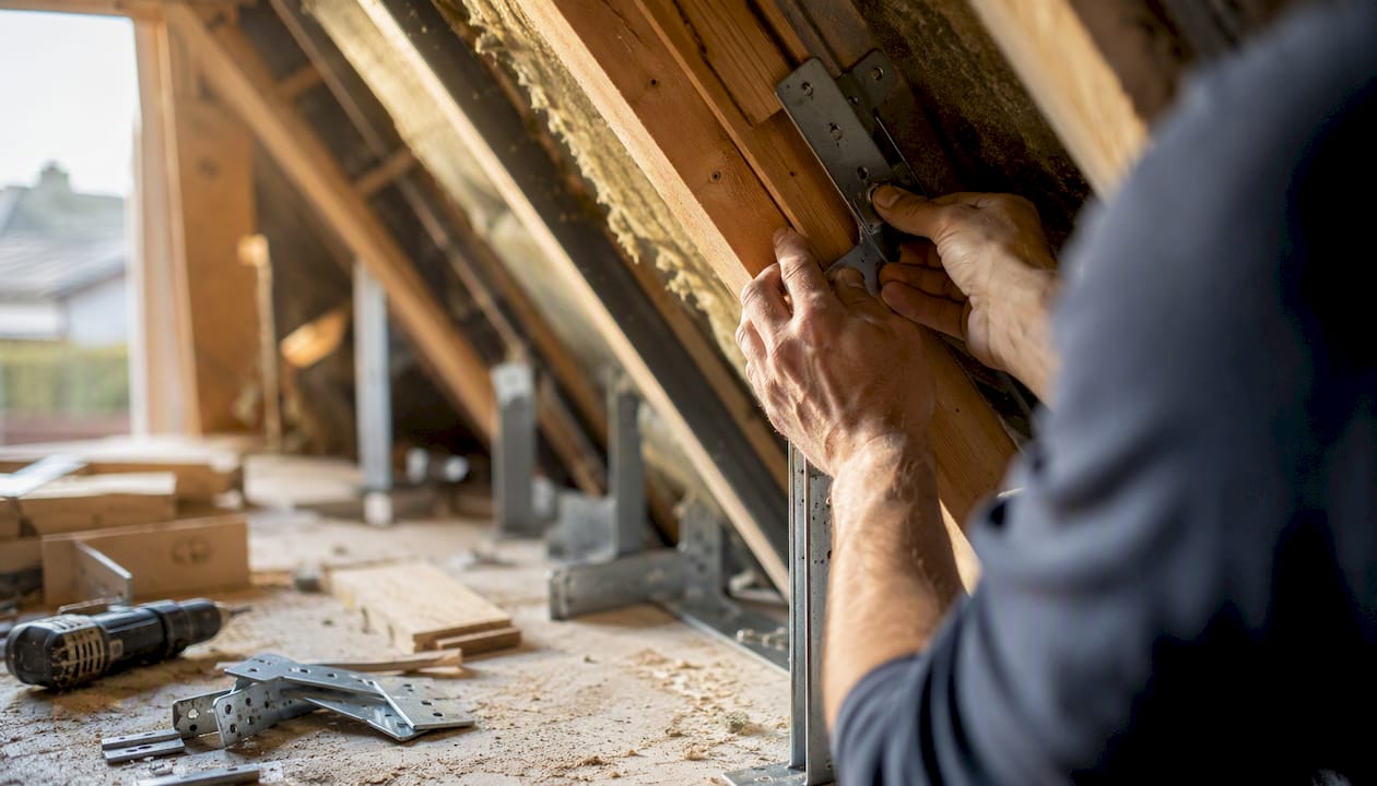 Contractor fitting timber beams in loft