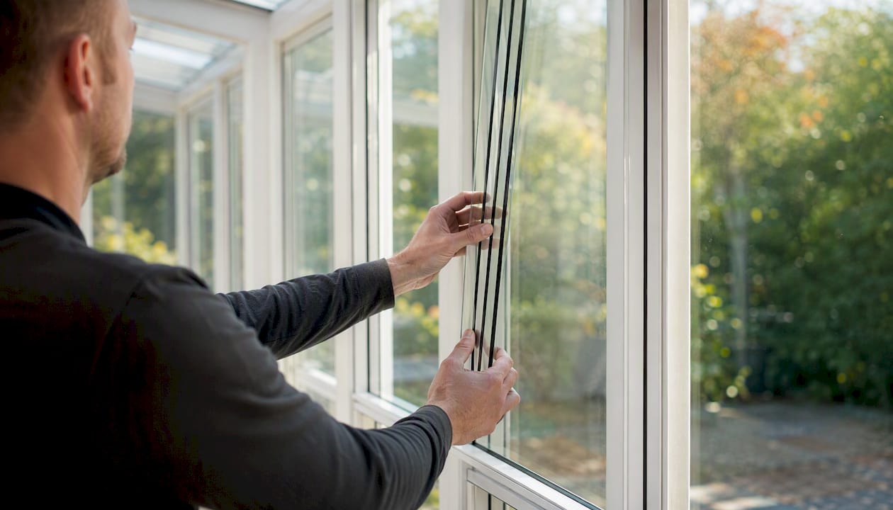 Hands installing double-glazed window pane