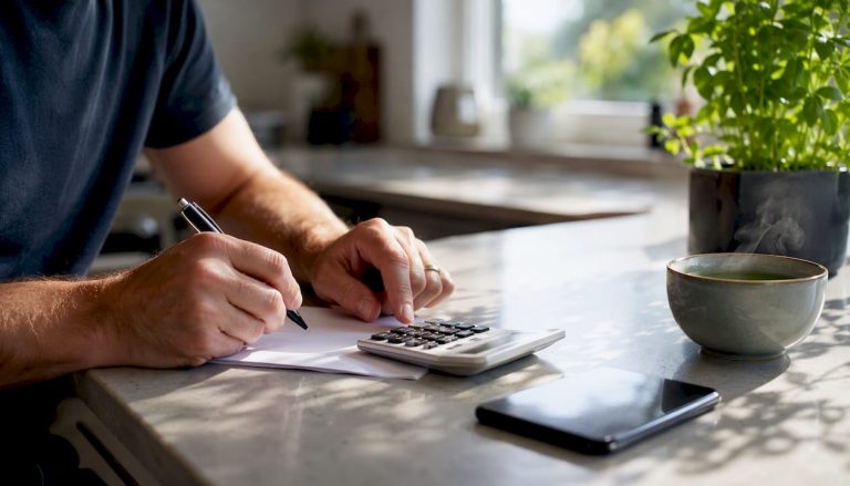 Hands calculating mortgage fees with calculator and coffee