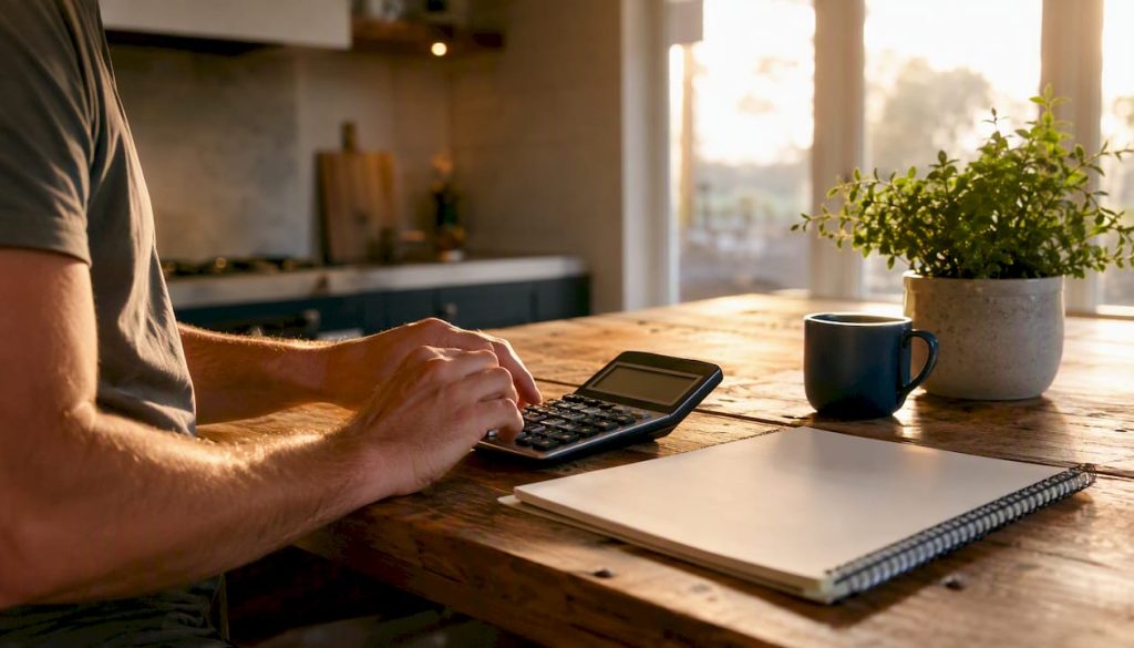 Hands using calculator and notebook reviewing finances