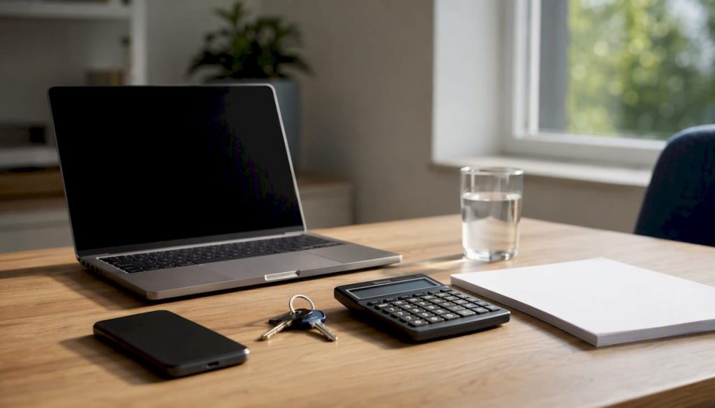 Home office desk with loan application items