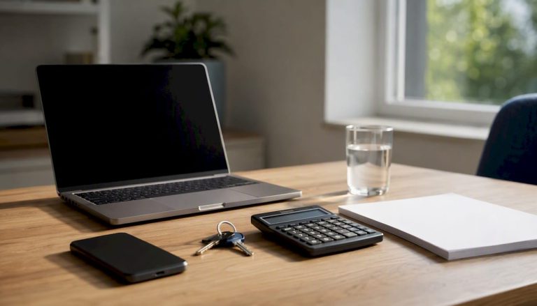 Home office desk with loan application items