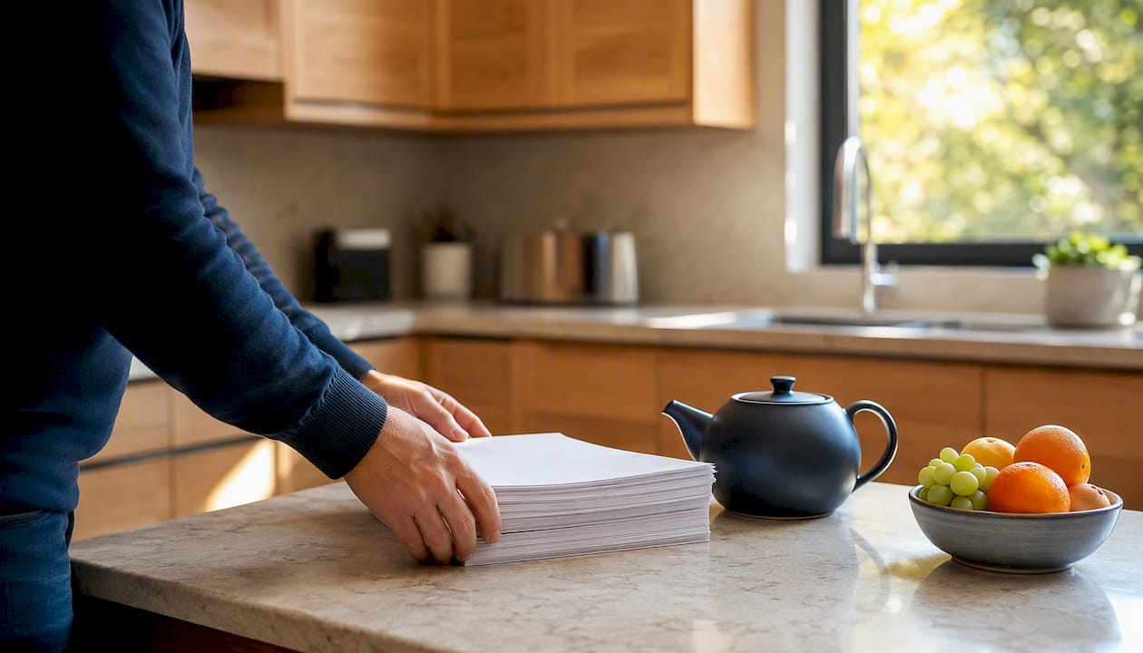 Hands arranging loan documents on kitchen counter