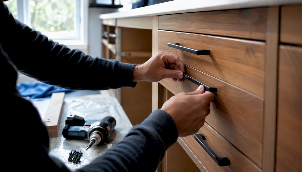 Hands fitting kitchen cabinet handles