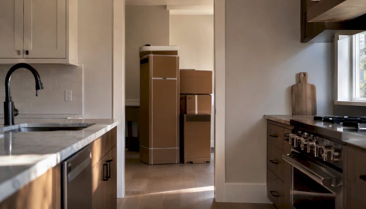 Stacked kitchen appliance boxes indoors