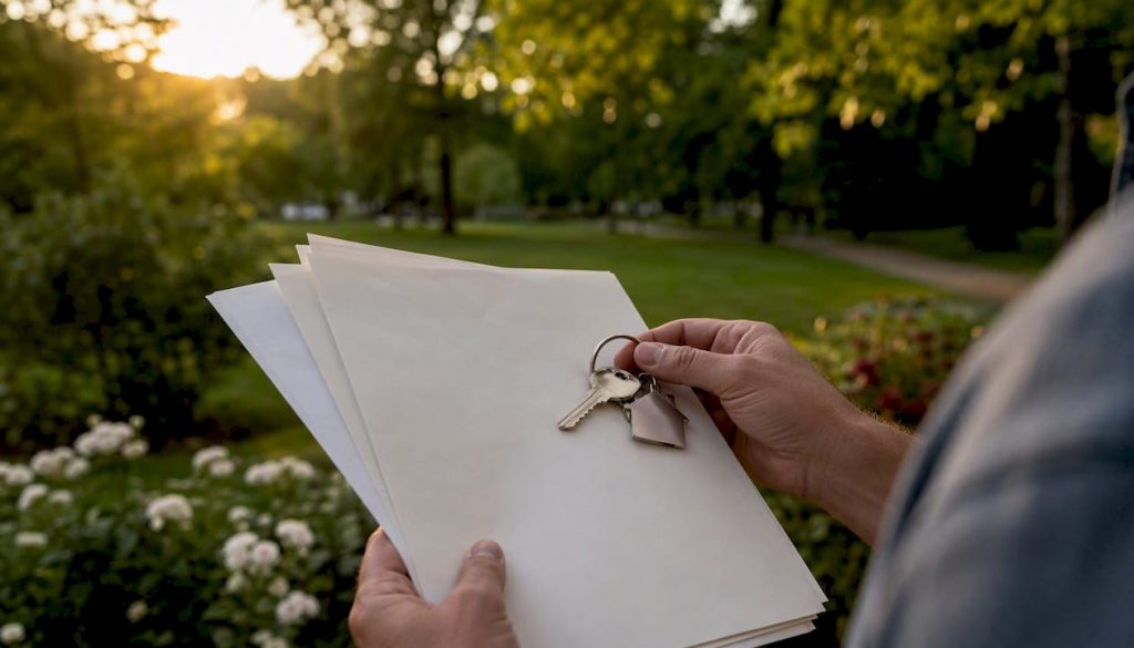 Homeowner holding mortgage papers and keys outside home