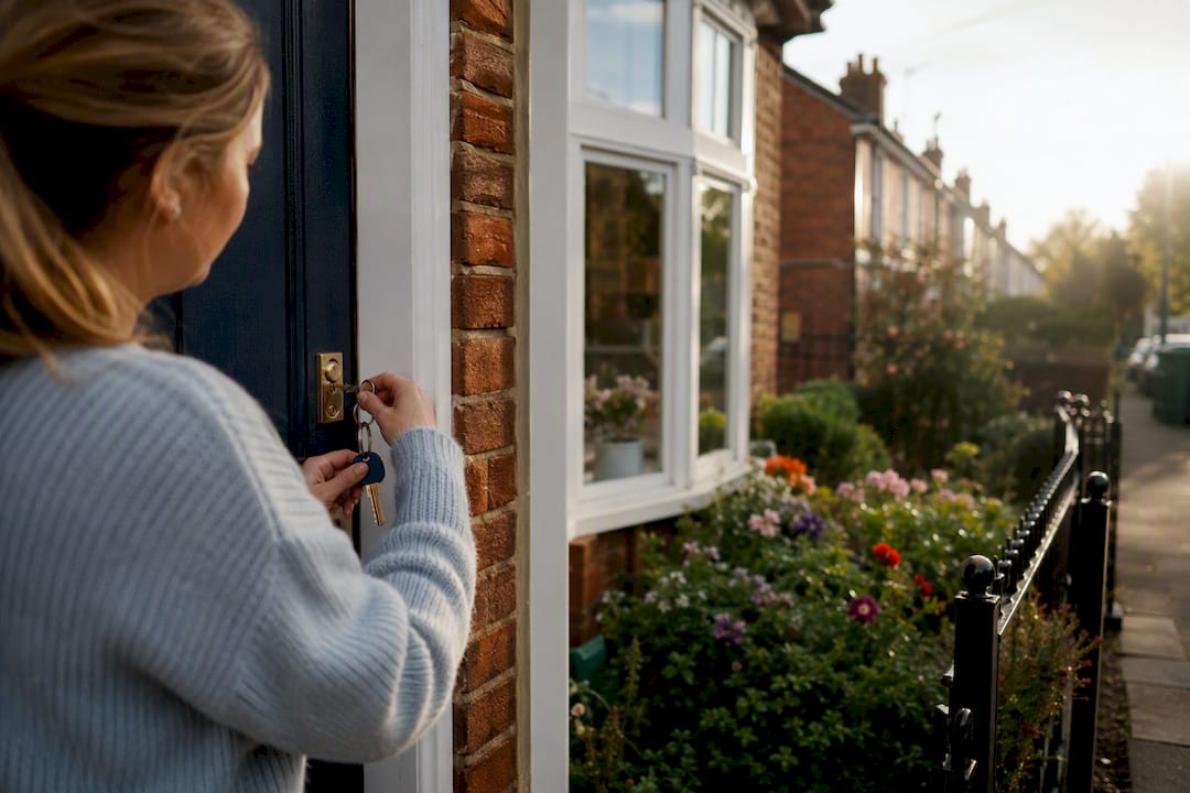 Homeowner holding keys outside UK house